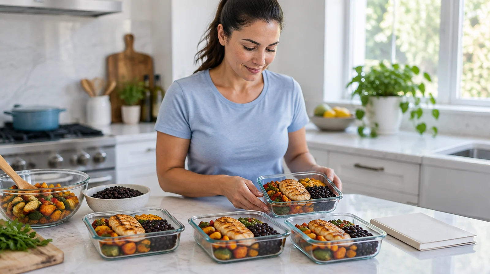Woman at a kitchen counter packing containers of grilled chicken, vegetables and beans for the week in daylight