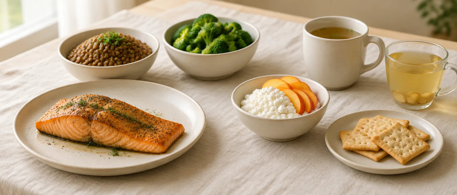 Everyday GLP-1 foods beside gentle foods: salmon, lentils and broccoli next to cottage cheese with peaches, a mug of broth, crackers and ginger tea