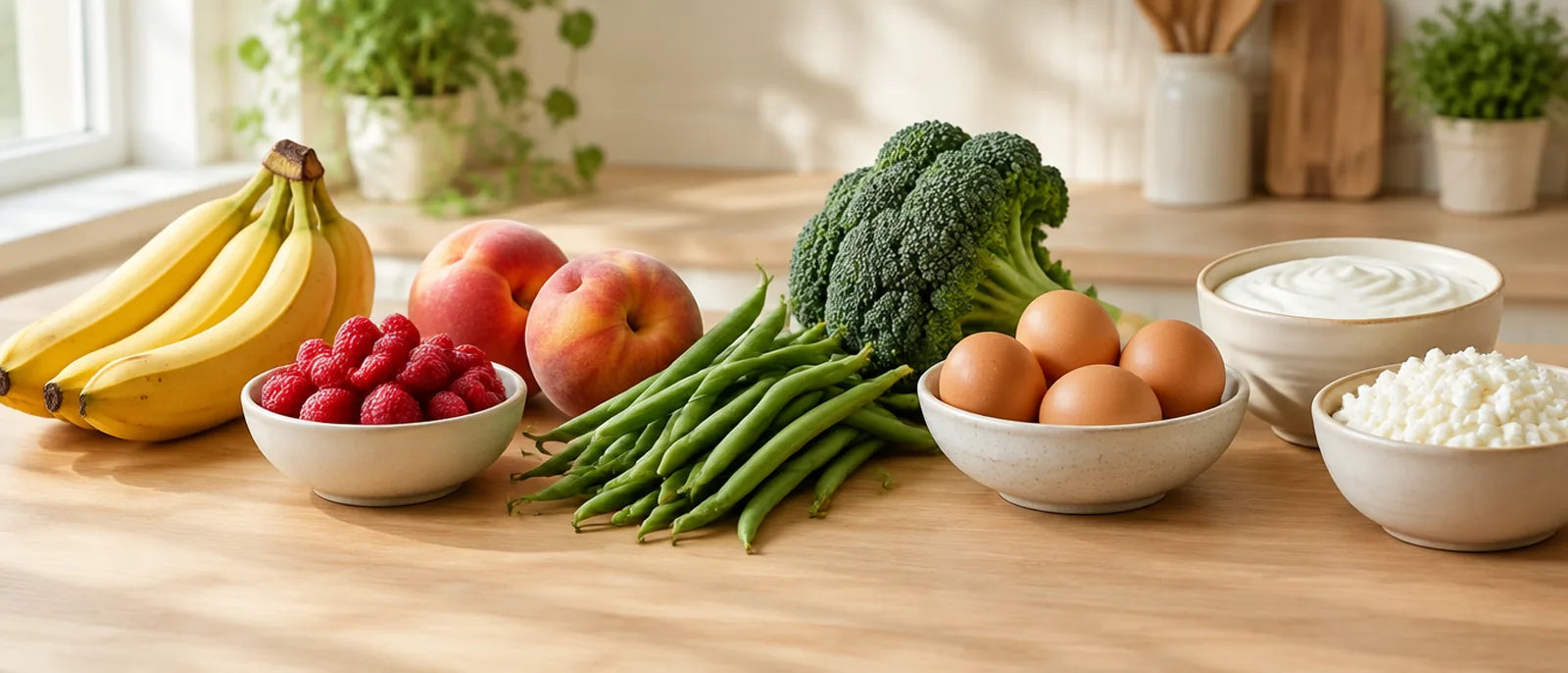 A GLP-1 grocery haul on a kitchen counter: bananas, raspberries, peaches, green beans, broccoli, eggs, Greek yogurt and cottage cheese