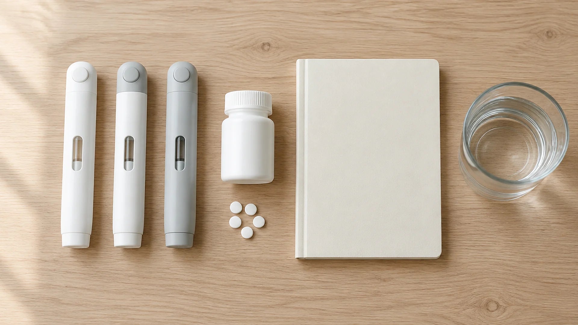 Three plain injection pens, a white tablet bottle with a few tablets, a notebook, and a glass of water on a wooden table