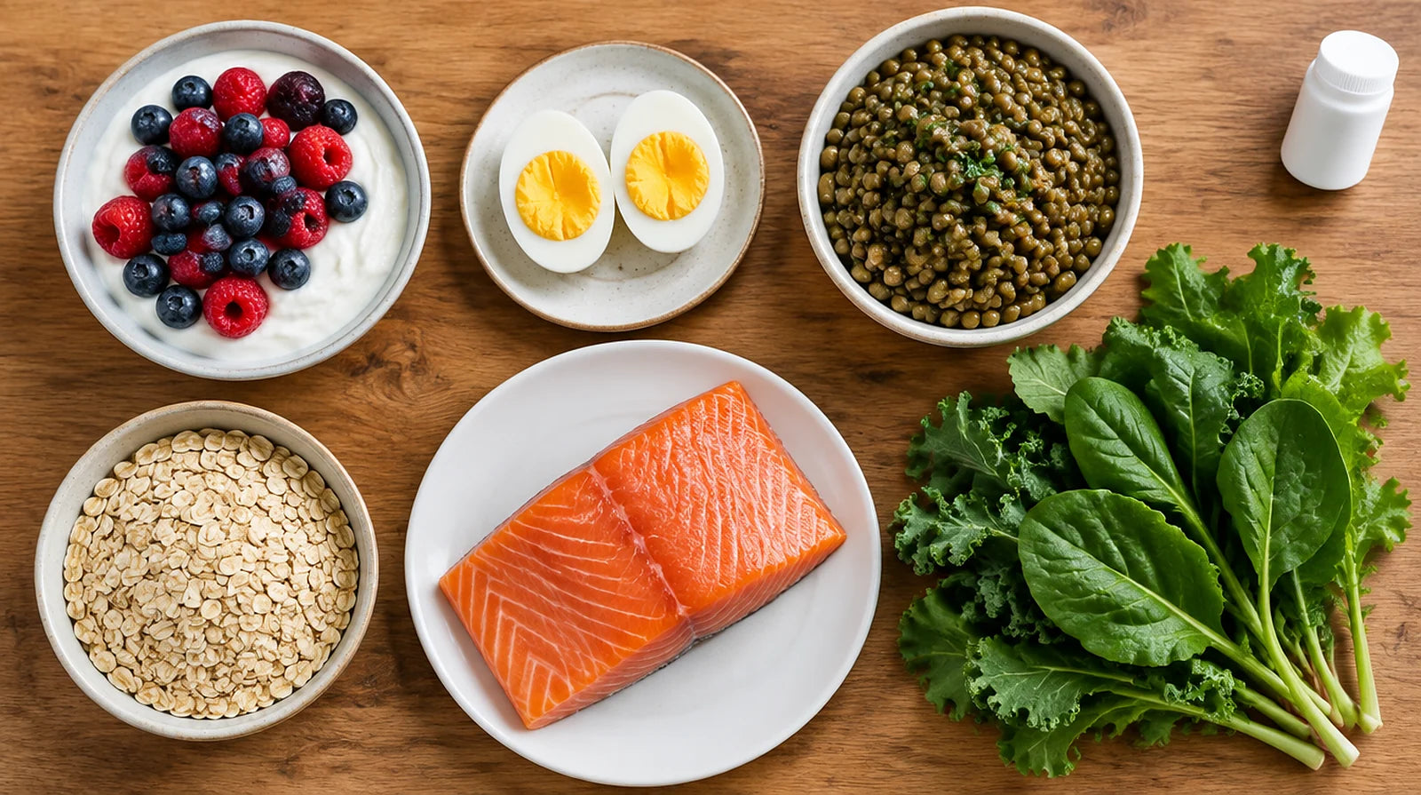 Overhead view of Greek yogurt, eggs, lentils, oats, berries, salmon and leafy greens on a wooden table, with a plain capsule bottle set to one side