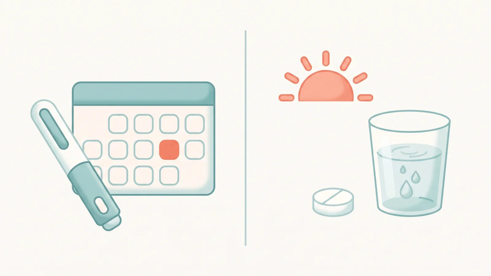 Illustration of a weekly injection pen beside a calendar with one day marked, next to a daily tablet with a glass of water and a rising sun