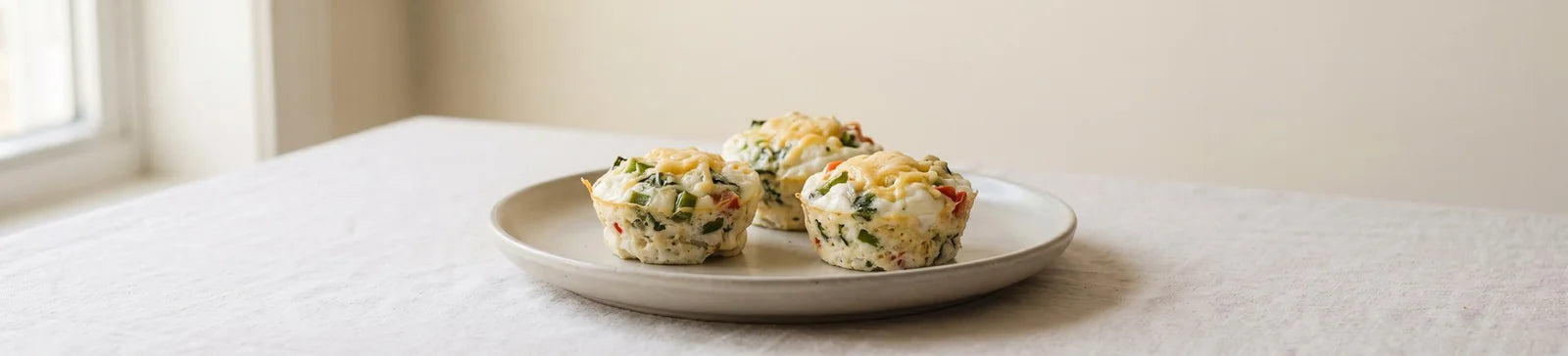 Three egg-white vegetable muffins topped with melted cheese on a plate