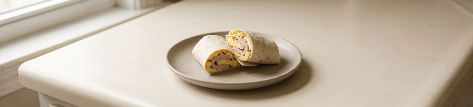 A turkey, egg and cheese wrap cut in half on a small plate