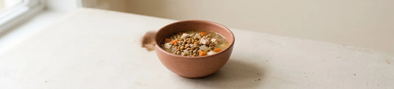 A terracotta bowl of lentil soup with chicken and carrot pieces