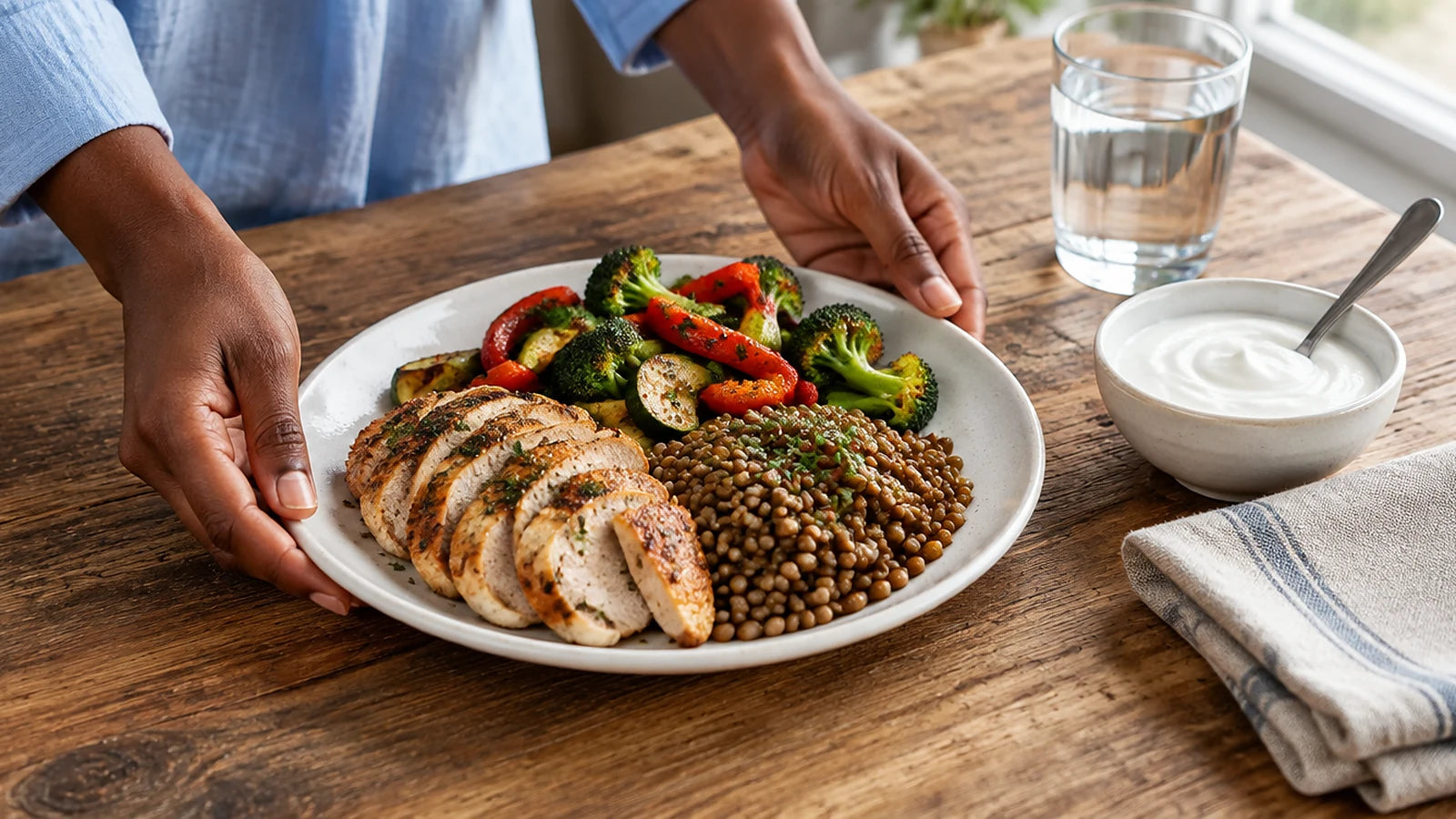Woman's hands setting down a plate of sliced grilled chicken, lentils, and roasted vegetables beside a bowl of Greek yogurt