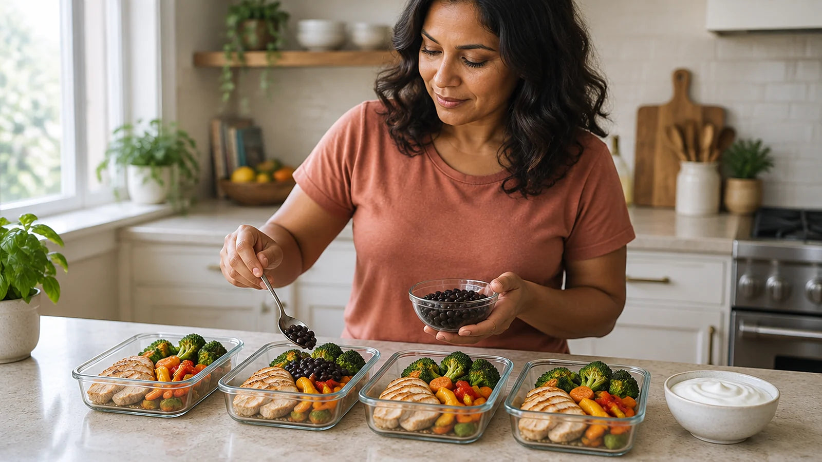 Woman spooning black beans from a small bowl into glass meal-prep containers of grilled chicken and vegetables, with a bowl of Greek yogurt on the counter