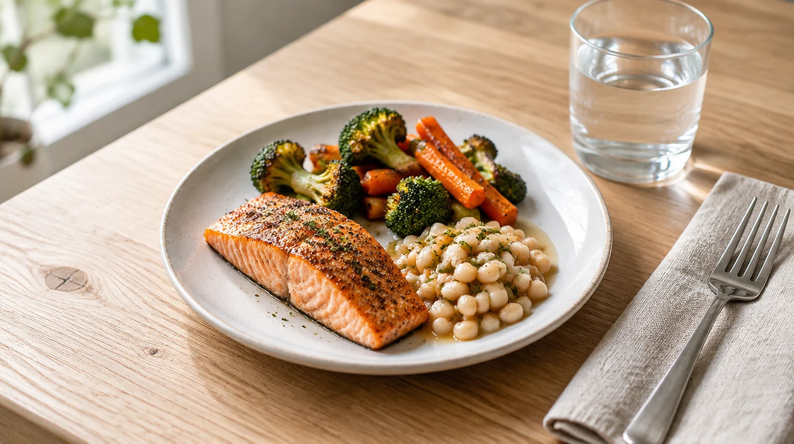 Small plate of grilled salmon, roasted broccoli and carrots, and white beans next to a glass of water
