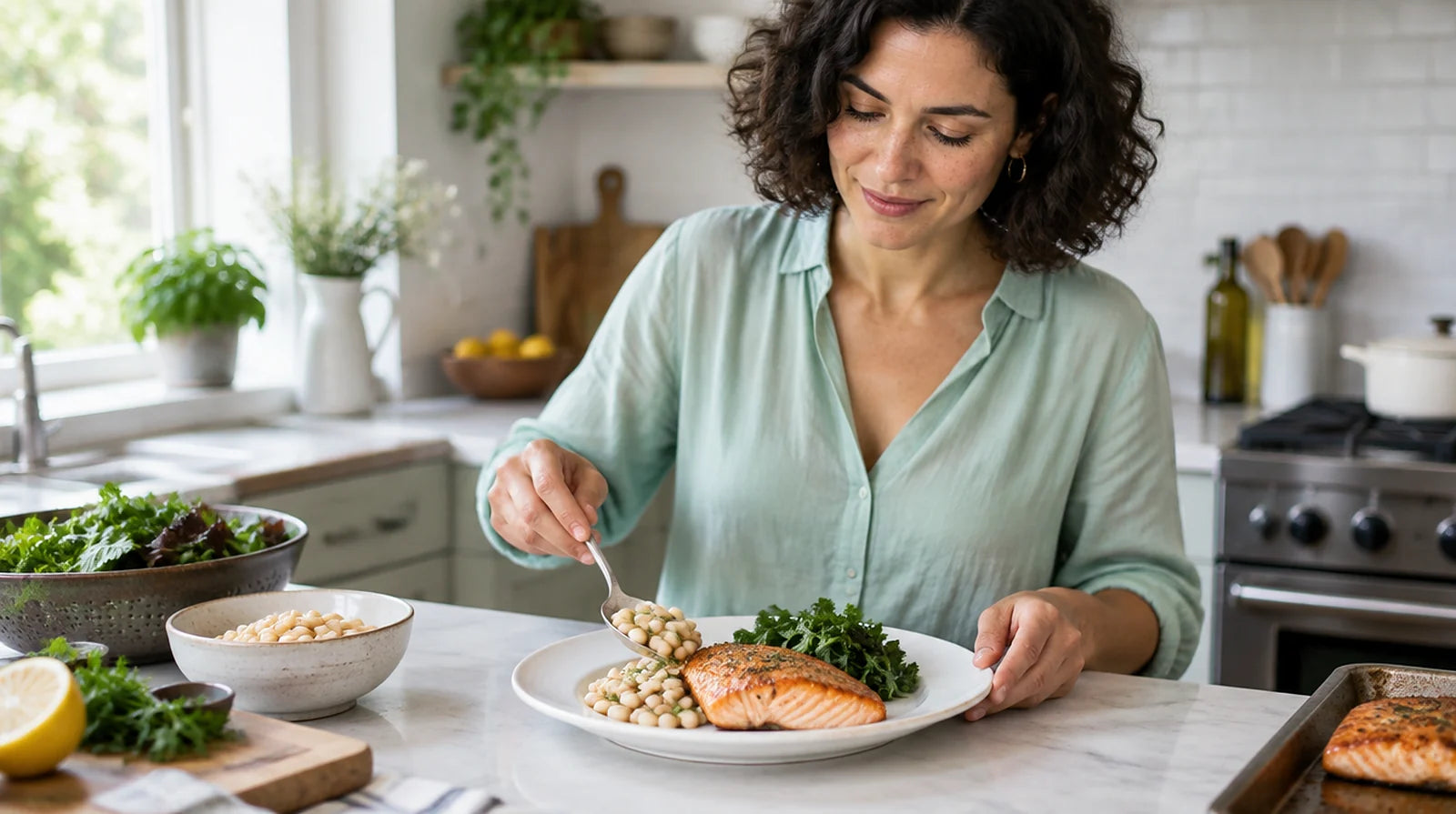 Woman plating a lunch of salmon, beans, and leafy greens in a bright kitchen