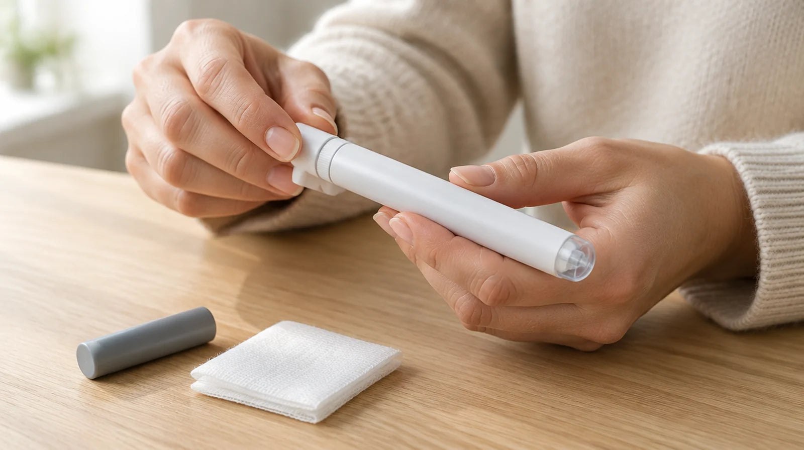 Woman's hands turning the ring on a plain white injection pen, with its gray cap and a gauze pad on a wooden table