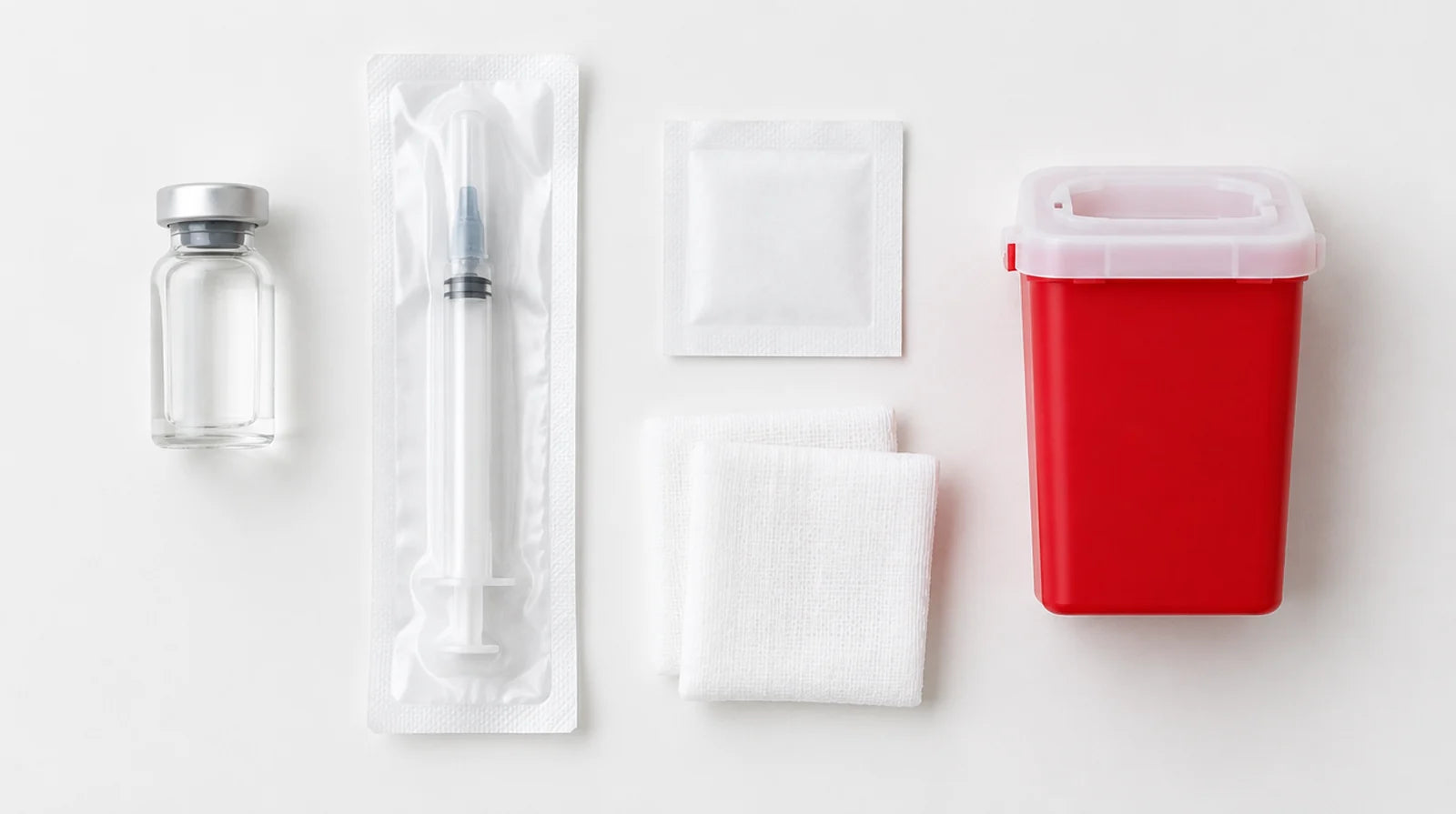 Supplies for a vial injection on a white counter: glass vial, wrapped syringe, alcohol swab packet, gauze pads, and a red sharps container