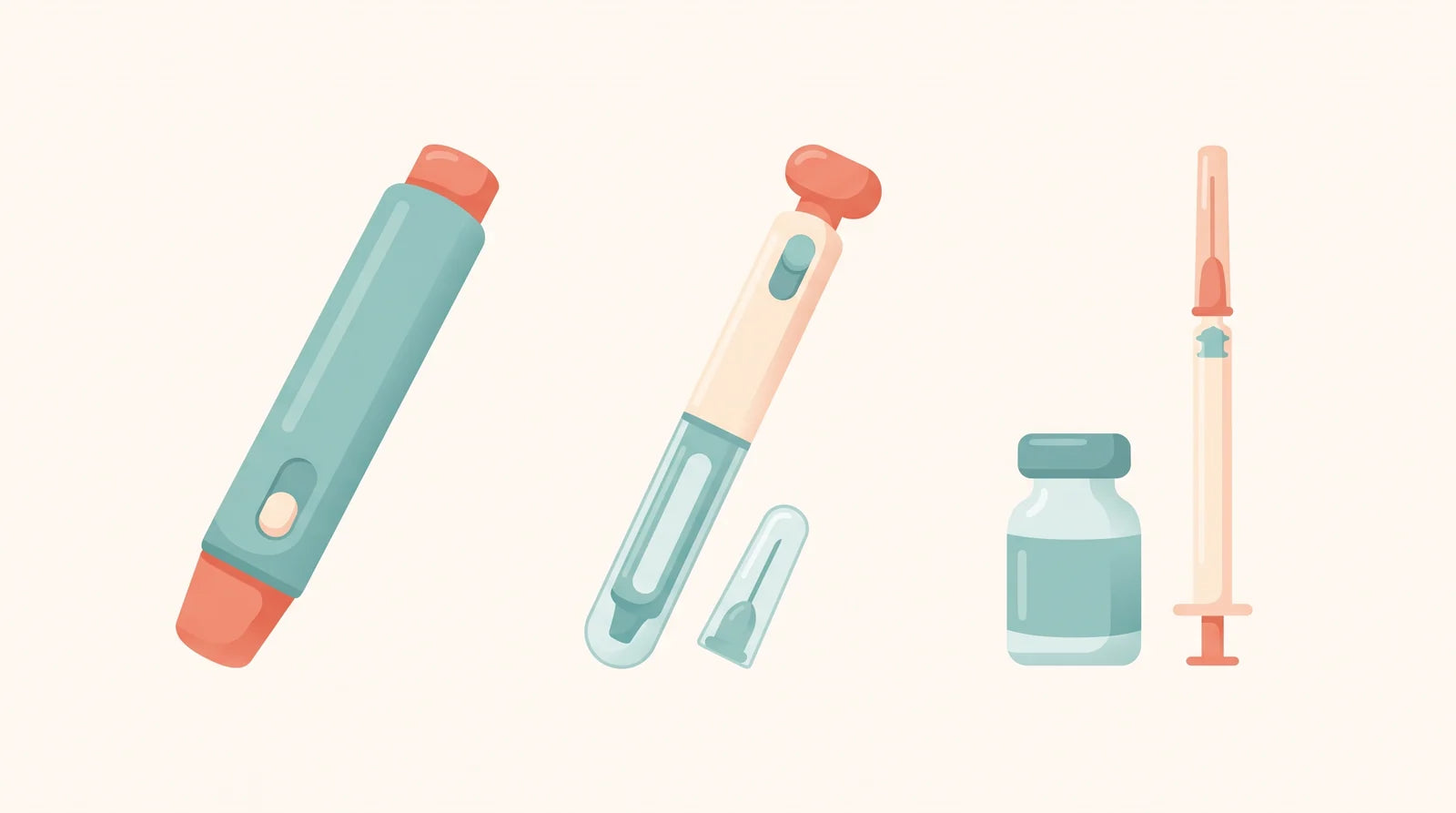 Illustration of three injection devices side by side: a single-dose autoinjector, a multi-dose pen with a separate capped pen needle, and a vial next to a capped syringe