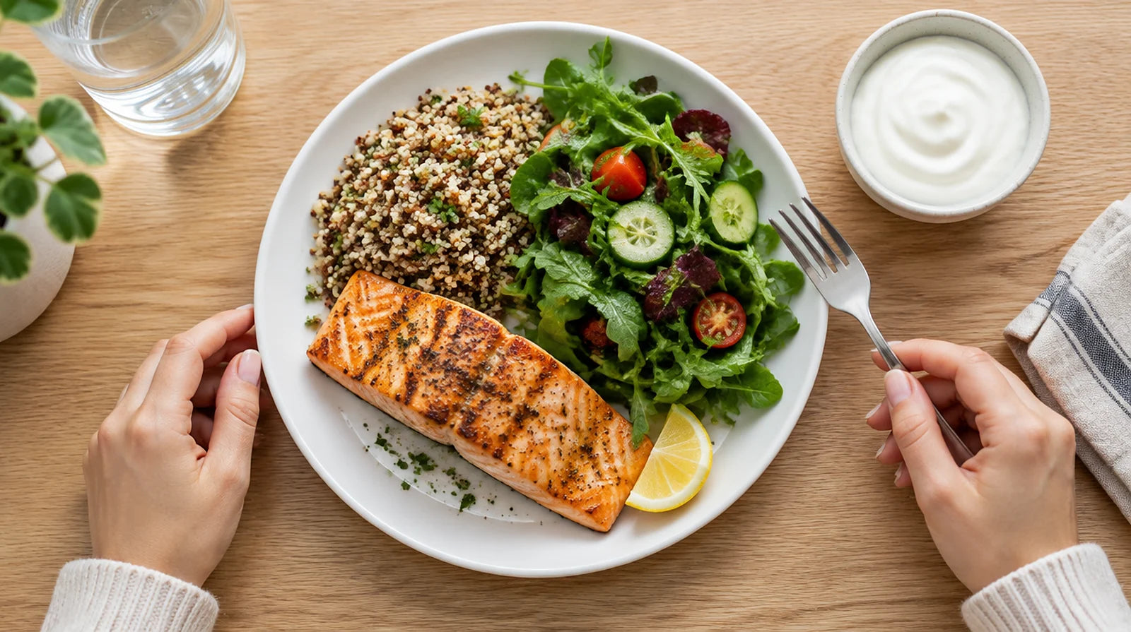 Overhead view of a plate of grilled salmon, quinoa, and a green salad with tomatoes and cucumber, a small bowl of yogurt, and a woman's hands holding a fork