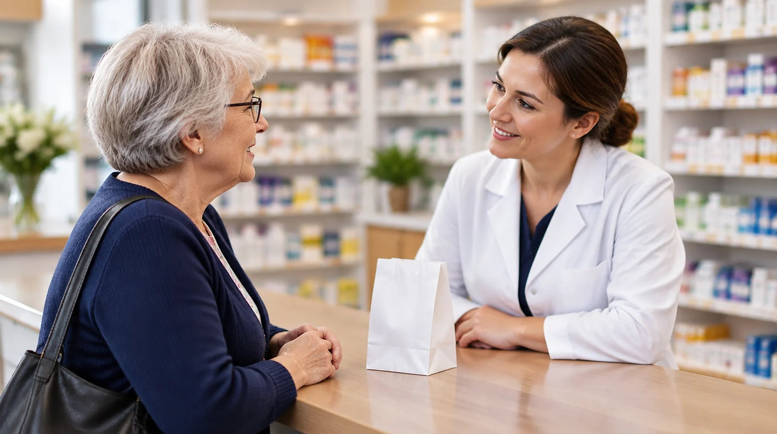Older woman at a pharmacy counter talking with a smiling woman pharmacist, with a plain white paper bag on the counter between them