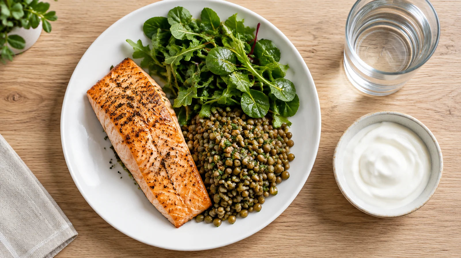 Overhead view of a plate of salmon, lentils, and greens next to a small bowl of yogurt and a glass of water on a wooden table