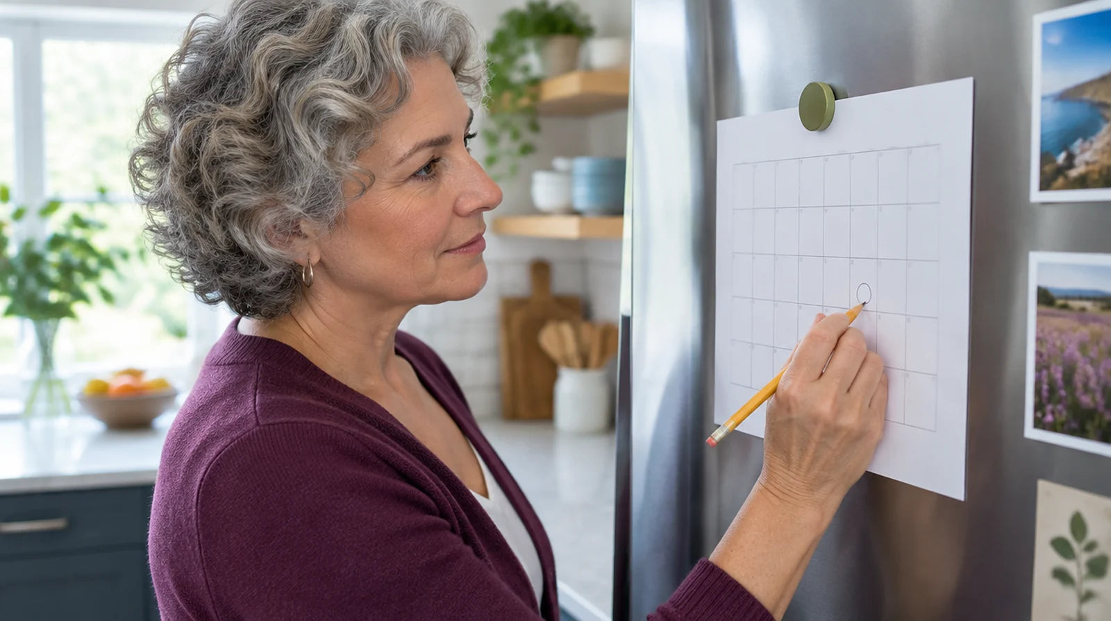 Woman with curly gray hair drawing a small circle with a pencil on a paper calendar attached to her refrigerator