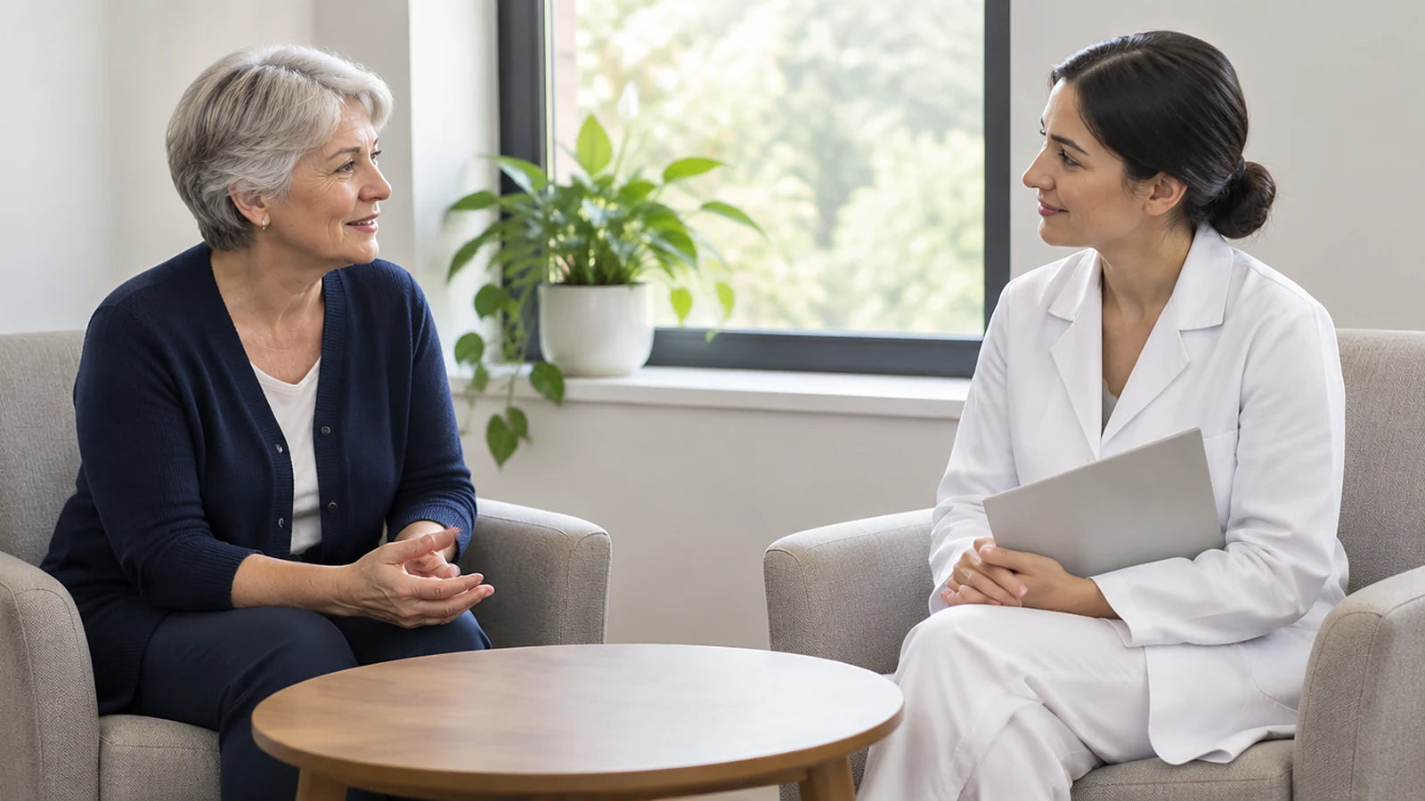 Woman with silver hair talking with a female clinician in a white coat across a small table in a bright consultation room