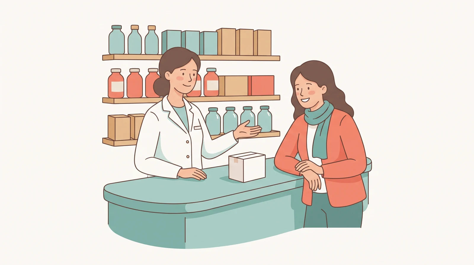 Illustration of a woman pharmacist talking with a woman customer across a pharmacy counter