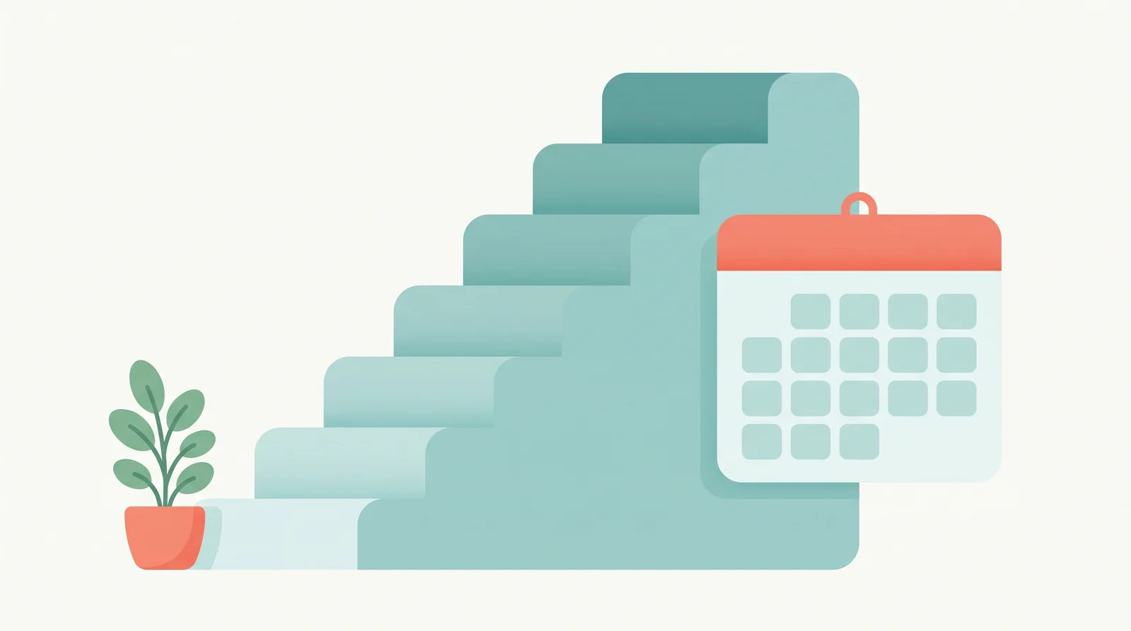 Illustration of teal stairs rising step by step beside a blank wall calendar, showing a gradual dose increase over weeks