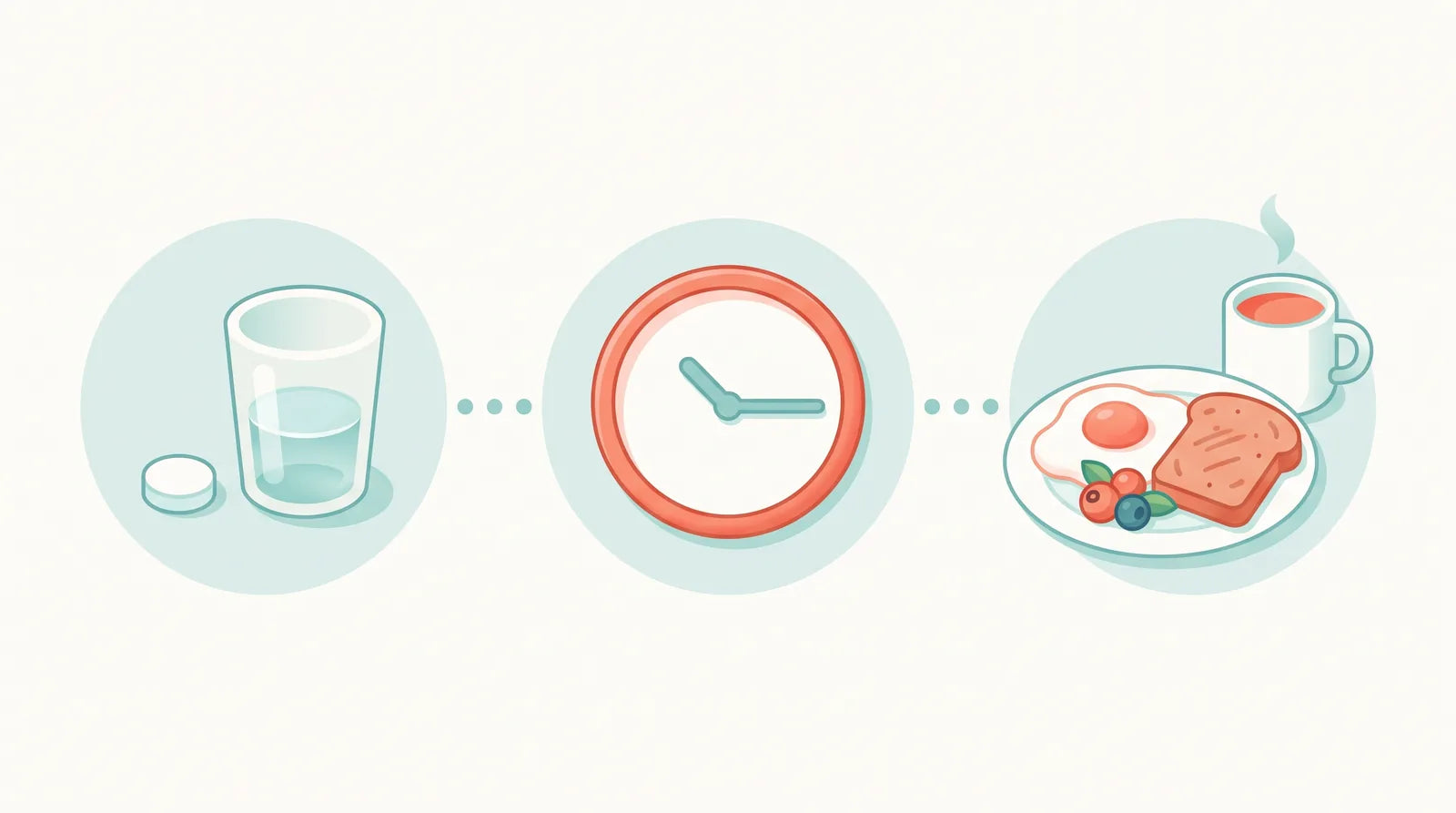 Illustration of the Wegovy pill morning routine: a tablet beside a small glass with a little water, a clock for the 30-minute wait, then breakfast with an egg, toast, berries, and a mug