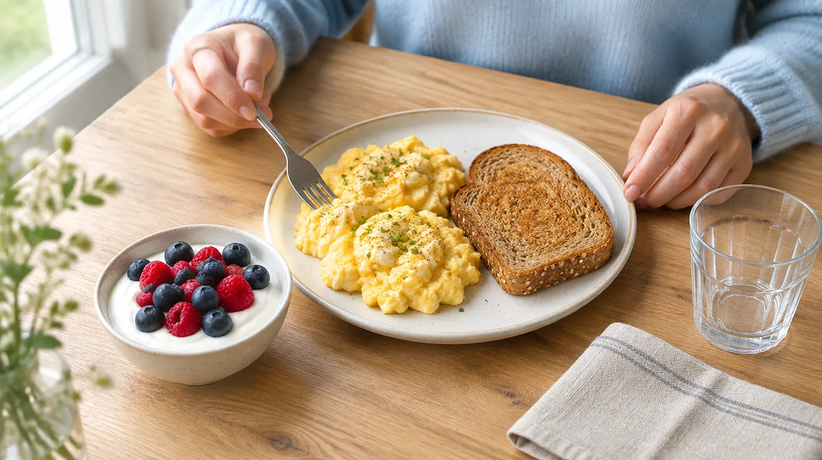 Breakfast of scrambled eggs, whole-grain toast, and Greek yogurt with berries next to an empty water glass