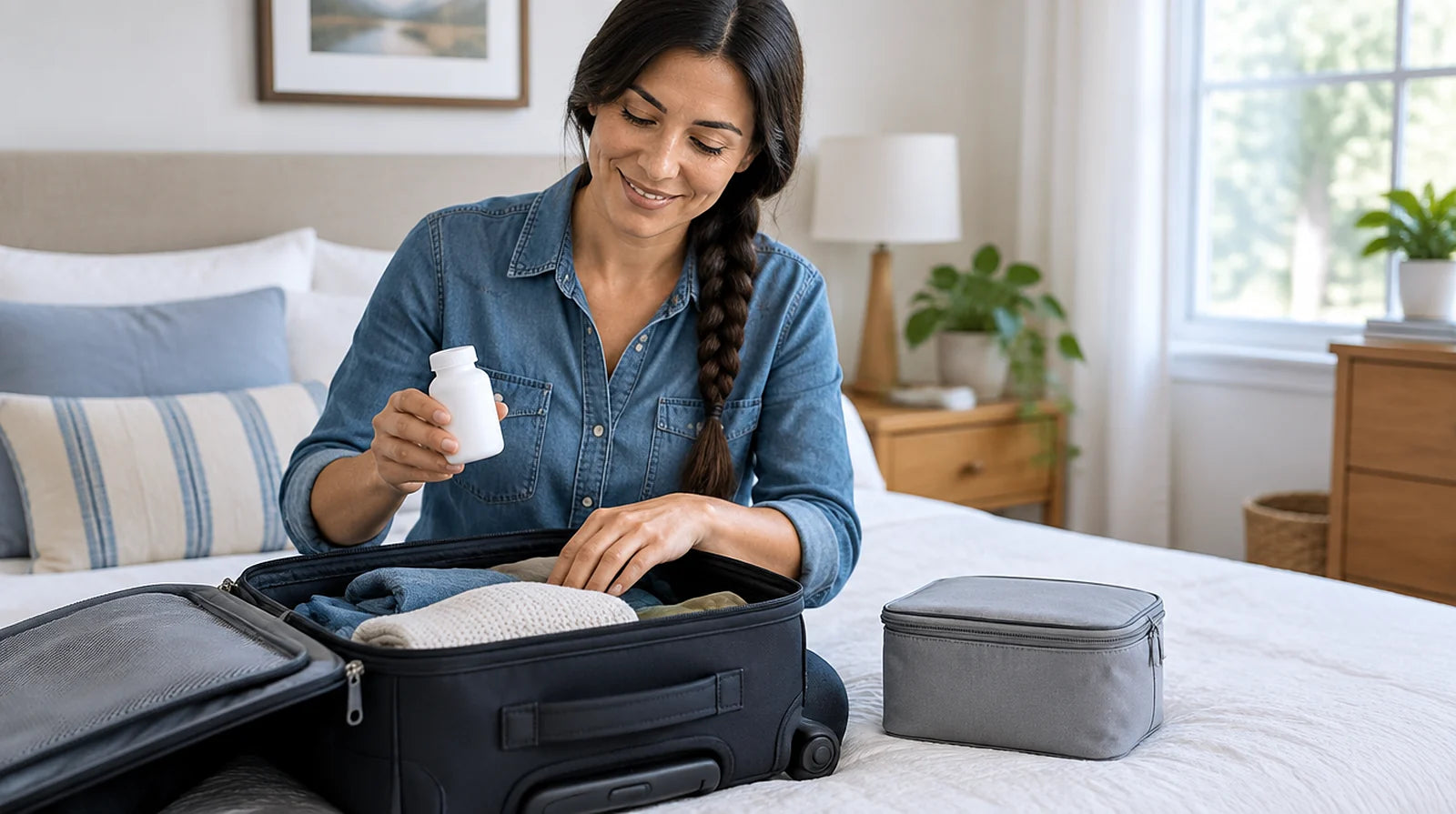 Woman packing a small suitcase on a bed, holding a plain white pill bottle, with a gray insulated pouch beside the suitcase