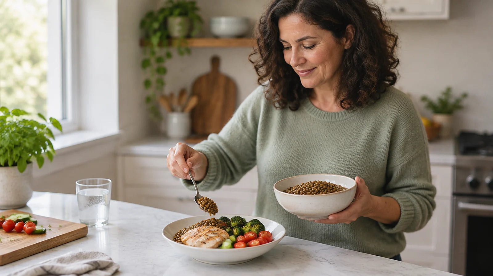 Woman spooning lentils onto a small lunch of grilled chicken, broccoli, cherry tomatoes, and cucumber in a bright kitchen