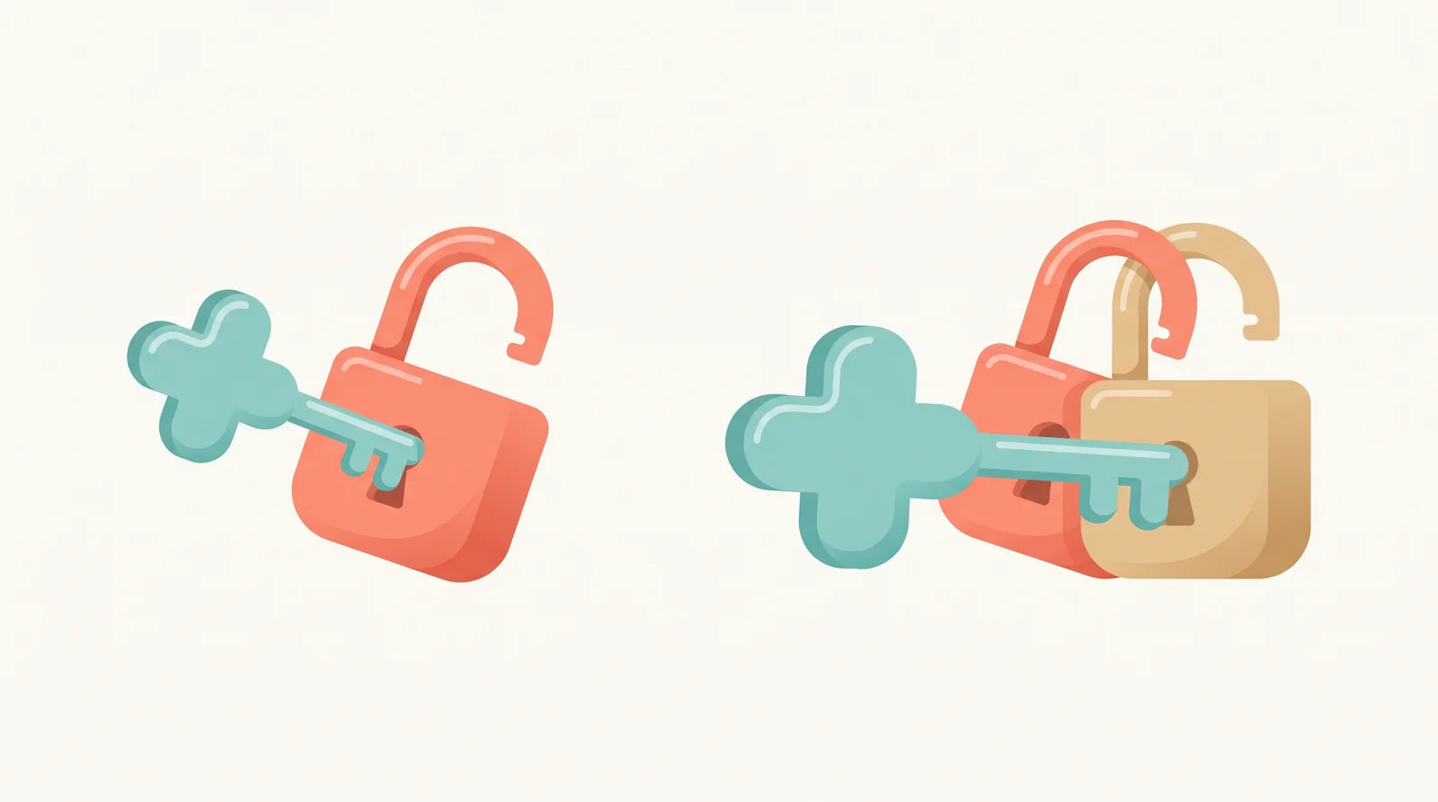 Illustration of one teal key opening one padlock next to one key opening two padlocks, showing one-receptor versus two-receptor action
