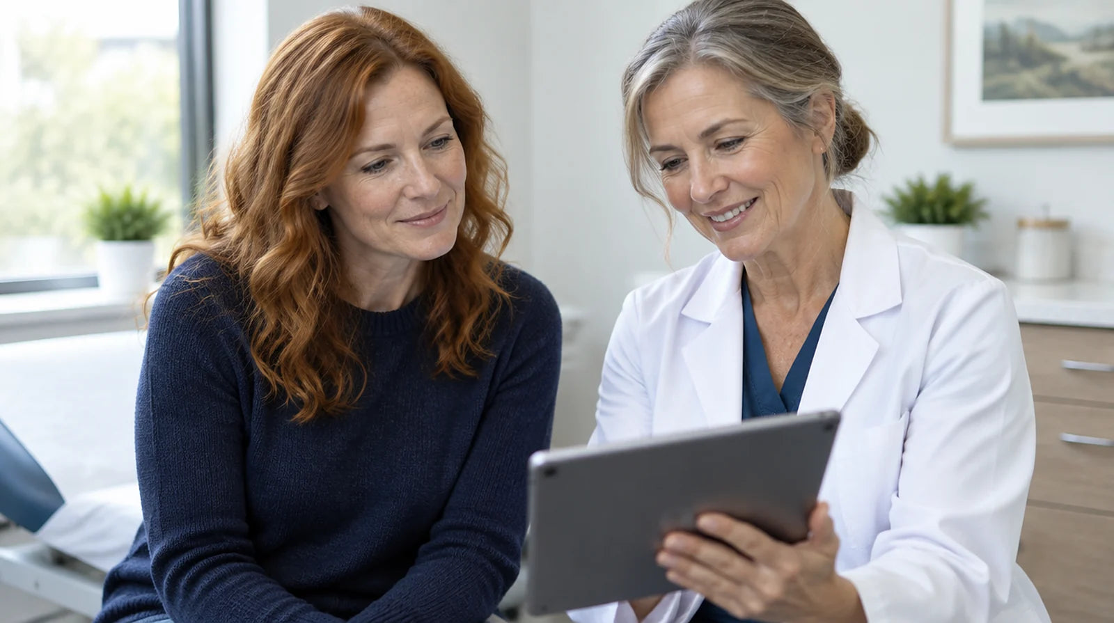 Woman patient and woman clinician looking at a tablet together in a bright exam room