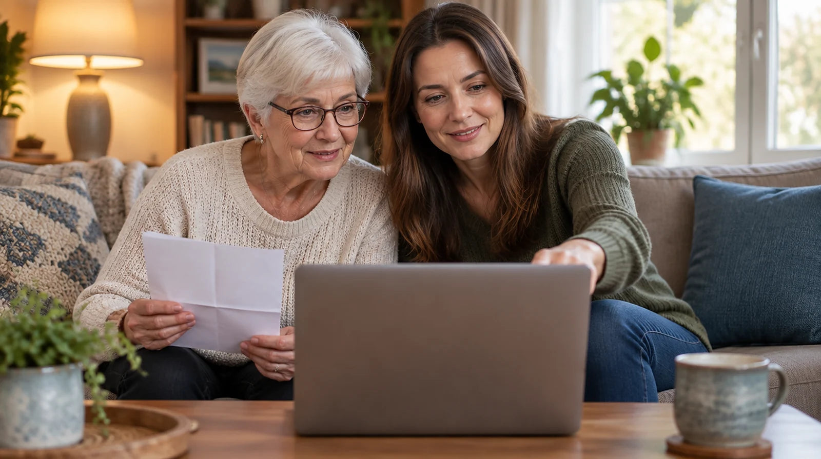 Older woman holding a sheet of paper while a younger woman points at a laptop as they sit together on a sofa
