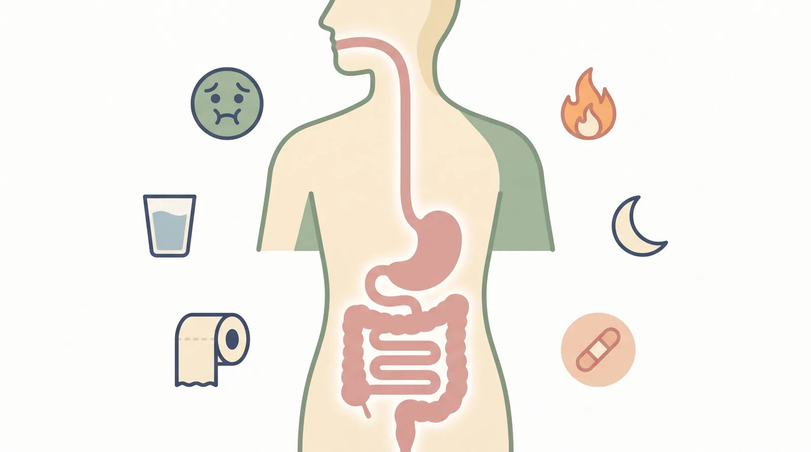 Illustration of the digestive tract with icons for common Zepbound side effects: nausea, heartburn, bowel changes, tiredness, and injection site reactions, plus a glass of water