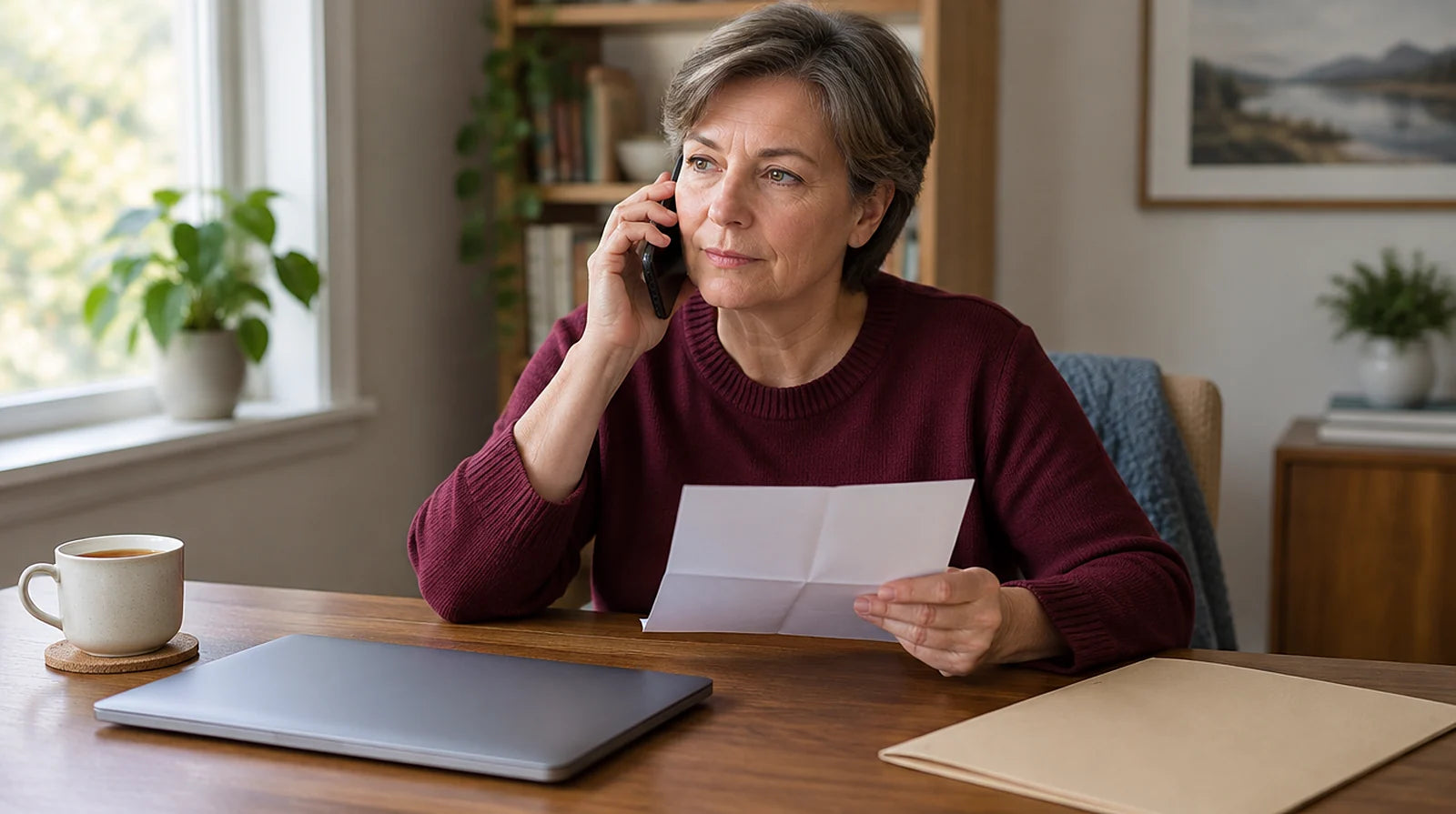 Woman in her 50s on a phone call at a home desk, holding a folded letter next to a closed laptop