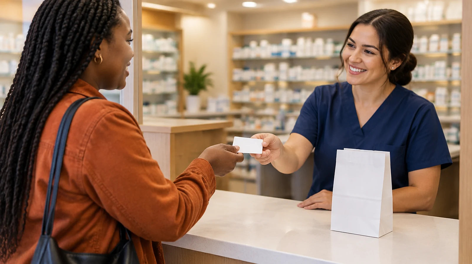 Woman handing a blank card to a smiling pharmacy worker in navy scrubs, with a plain white prescription bag on the counter