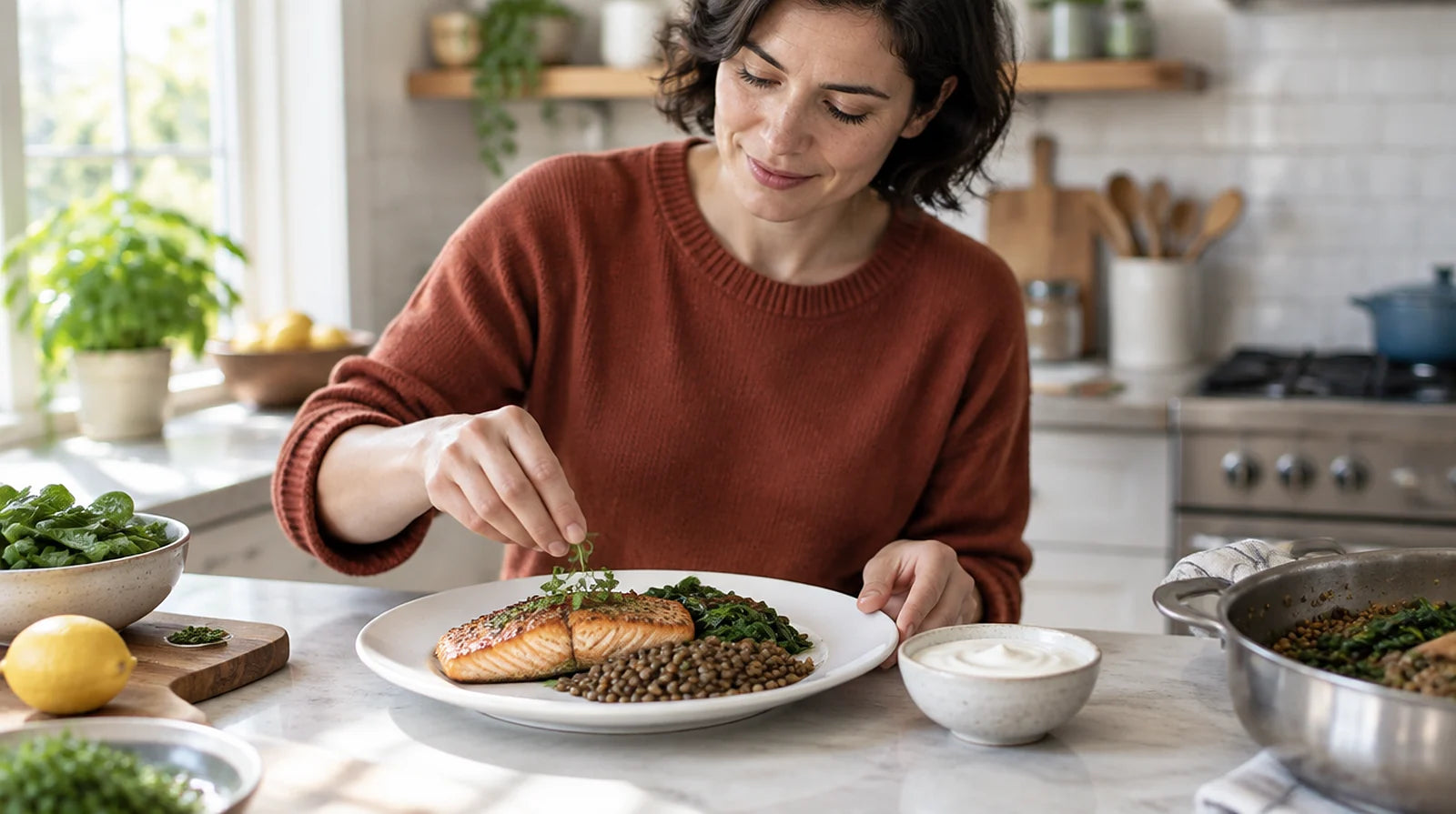 Woman at a sunlit kitchen counter sprinkling herbs over a plate of salmon, lentils, and cooked greens, with a small bowl of yogurt beside it