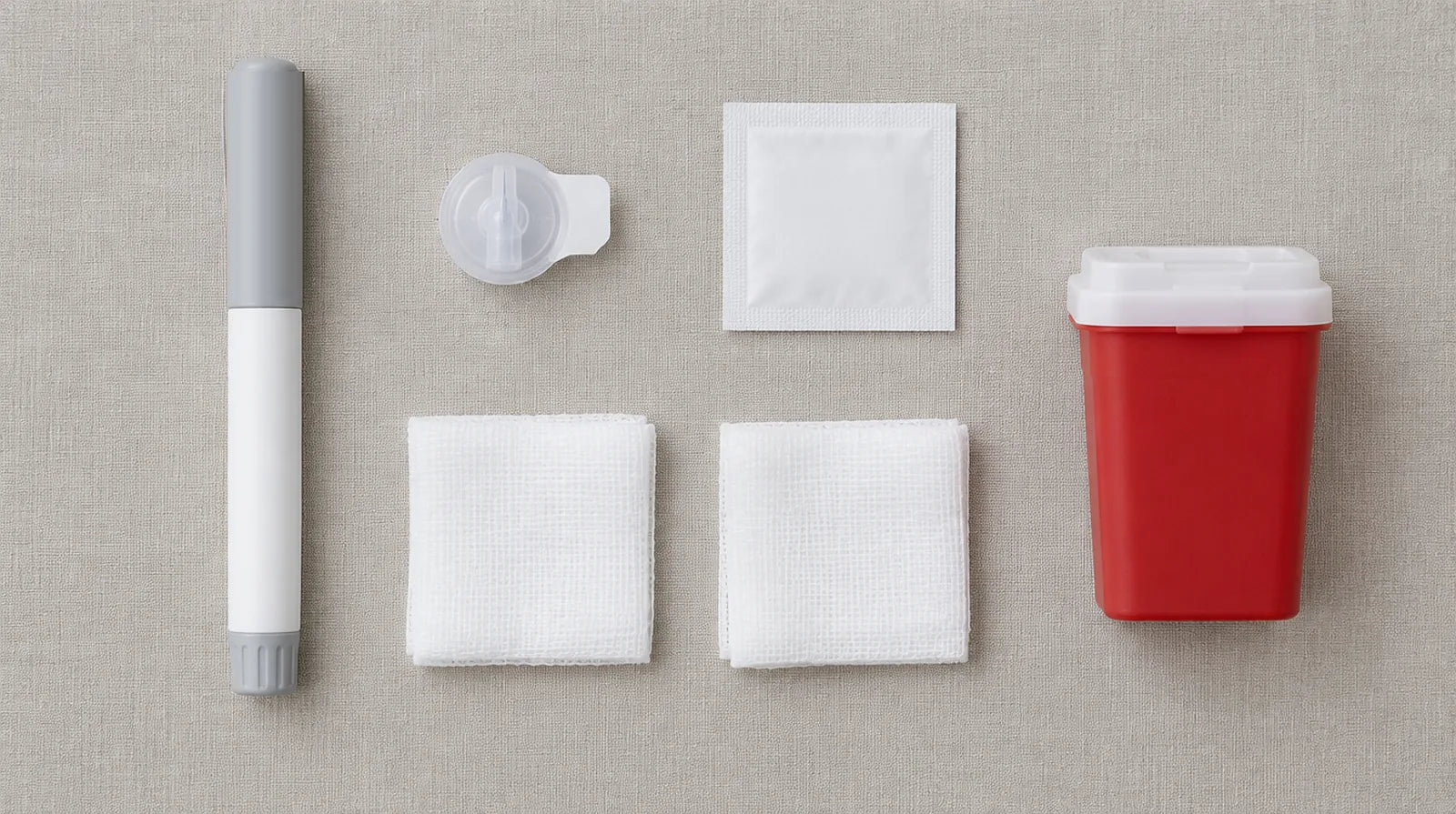 Flat lay of a capped grey and white injection pen, a sealed pen needle, an alcohol swab packet, two gauze squares, and a small red sharps container