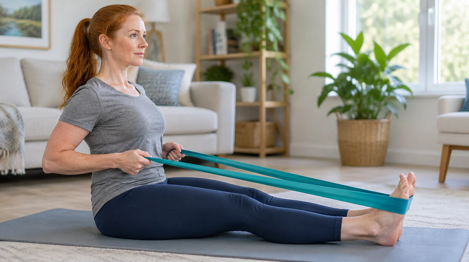 Woman sitting on a mat in her living room doing a resistance band row with a teal band looped around her feet