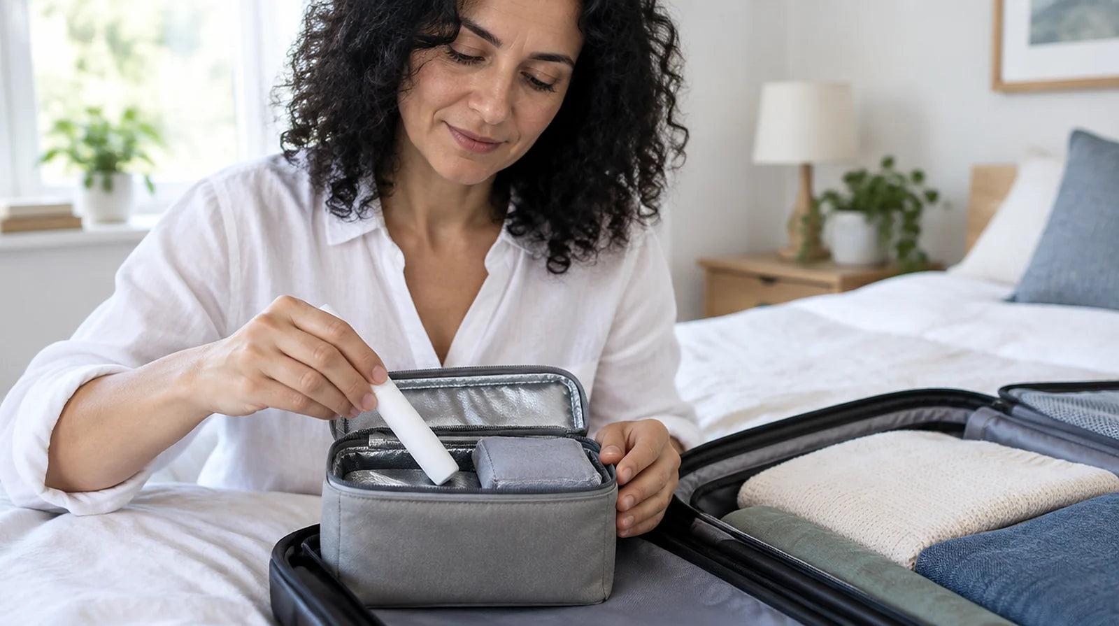 Woman in a bedroom placing a plain white pen into an insulated pouch beside a gray cooling pack, next to an open suitcase
