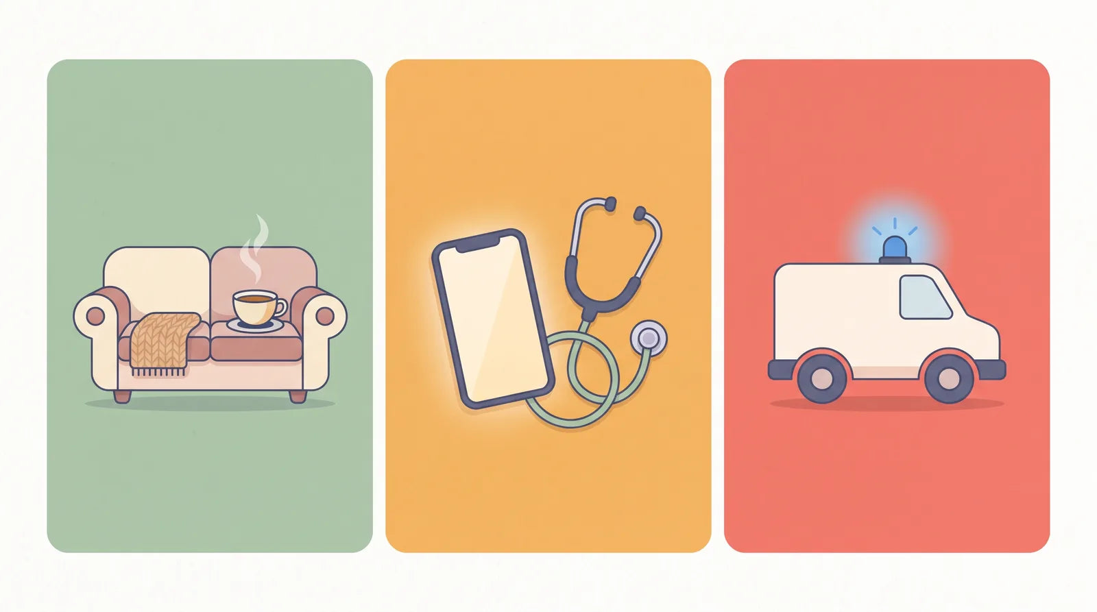 Three panels for Zepbound side effects: rest at home, call your prescriber, or get emergency care